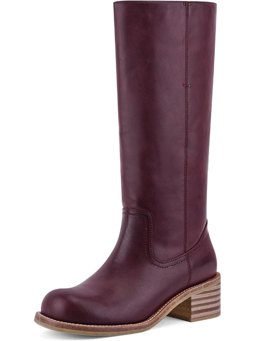 Women's Burgundy Low Heel Square Toe Solid Chunky Block Heel Long Knee High Boot